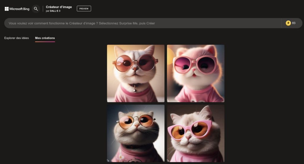 Interface de Bing Create