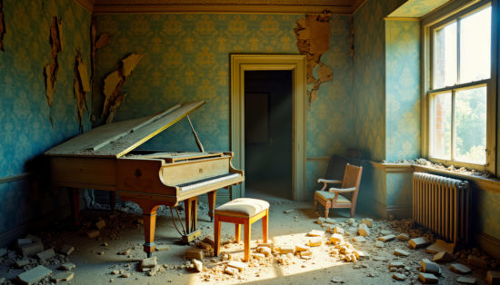 Photo d'une maison abandonnée avec un piano dans une pièce