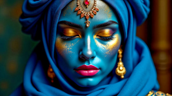 Une femme costumée avec un maquillage bleu sur tout le visage