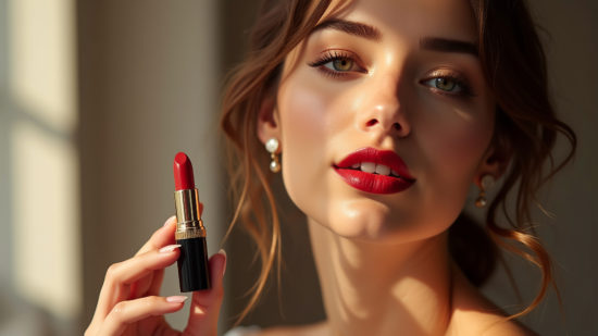 Une femme avec du rouge à lèvre dans sa main droite