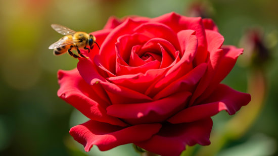 Une abeille sur un pétale de rose