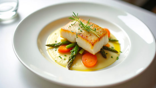 un filet de bar poêlé sur une assiette