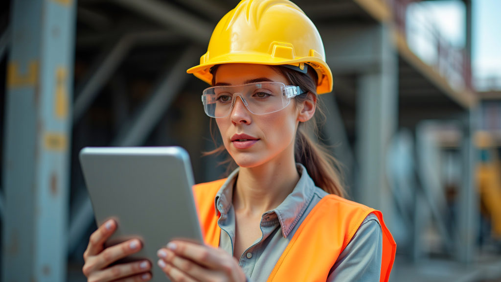 Une femme sur un chantier, avec un casque
